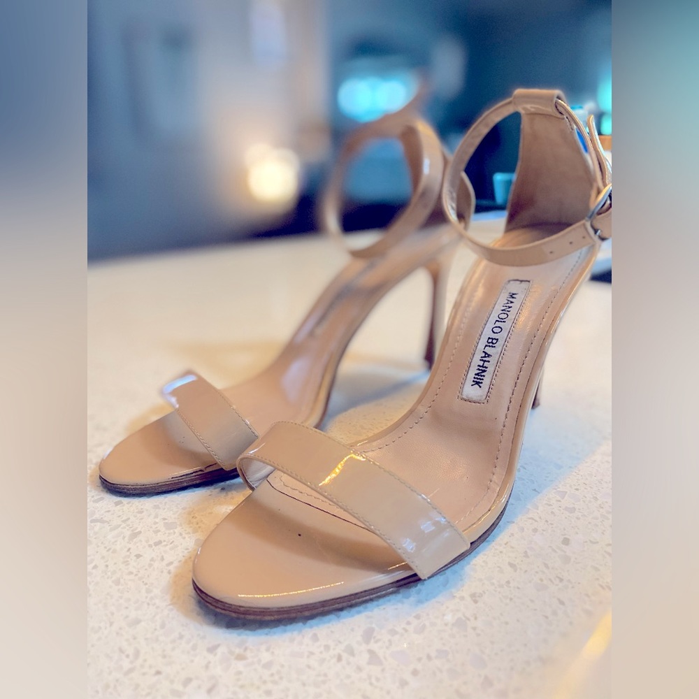 Manolo Blahnik Chaos Taupe heels.